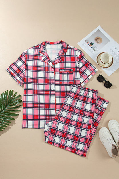 Plus Size Plaid Buttoned Shirt & Pants Pajama Set
