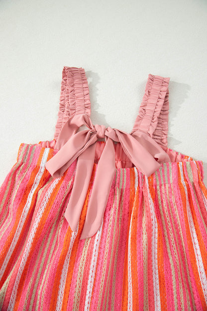 Stripe Textured Knit Ruffle Tie Back Maxi Dress