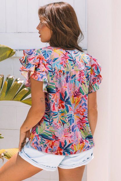 Floral Frilled Notch Neck Ruffle Sleeve Blouse