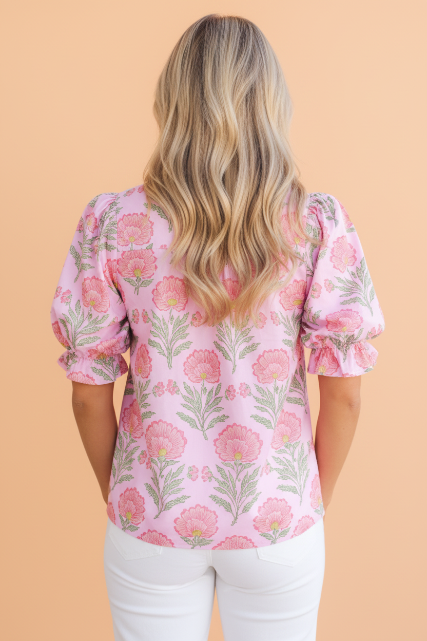 Floral Ruffle Stripe Trim Puff Sleeve Shirt