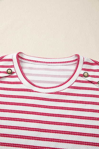 Stripe Textured Knit Buttoned Shoulder Short Sleeve Tee