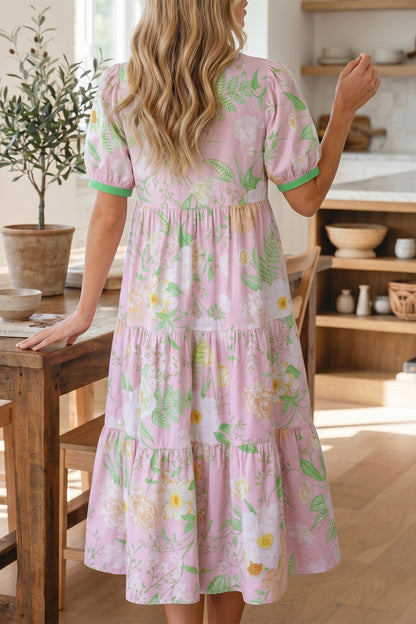 Floral Puff Sleeve Ruffle Tiered Maxi Dress