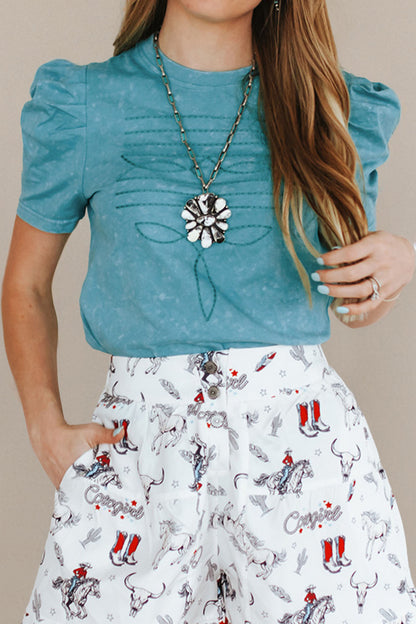 Western Embroidered Mineral Wash Puff Sleeve Tee