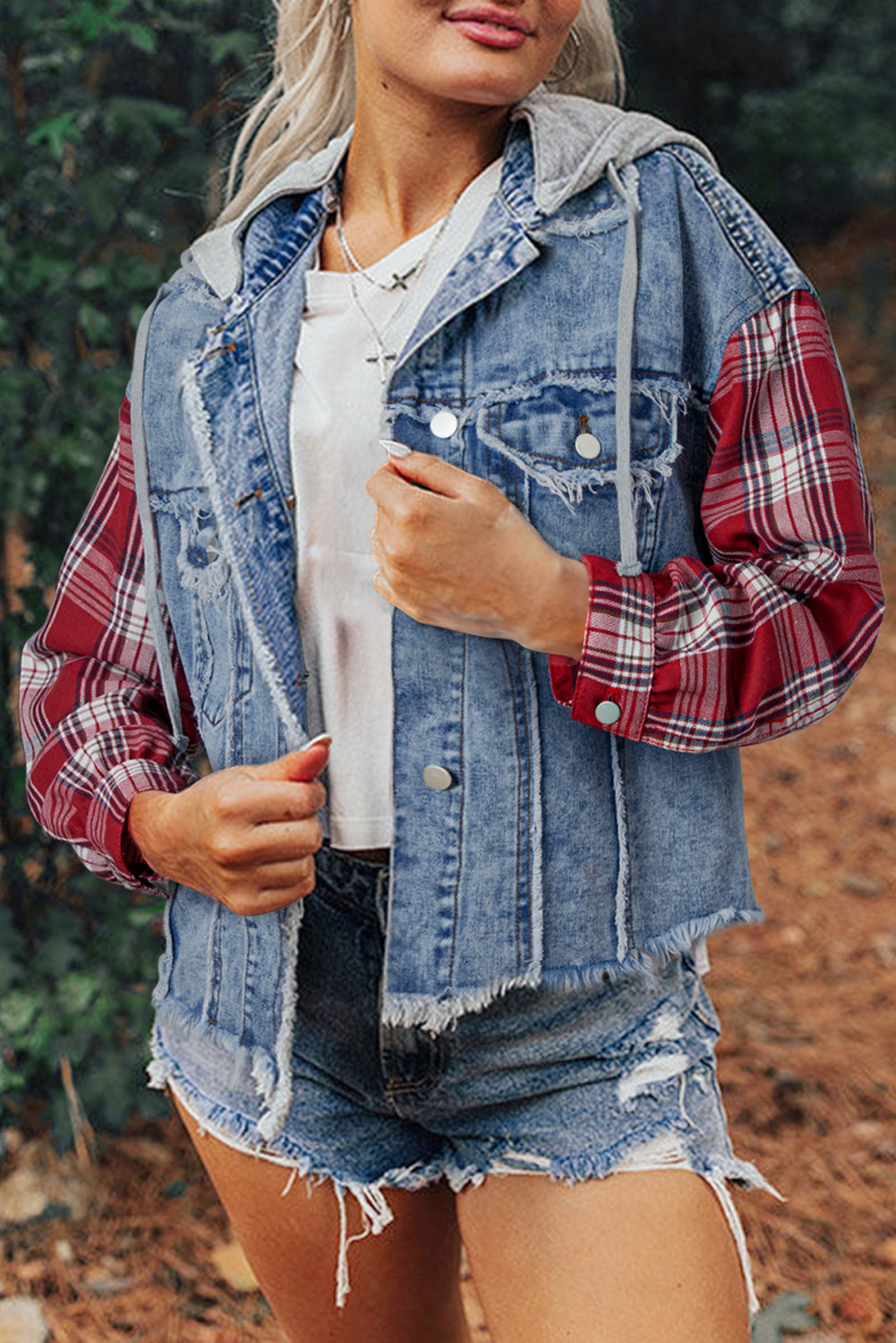 Plaid Denim Patchwork Hooded Jacket