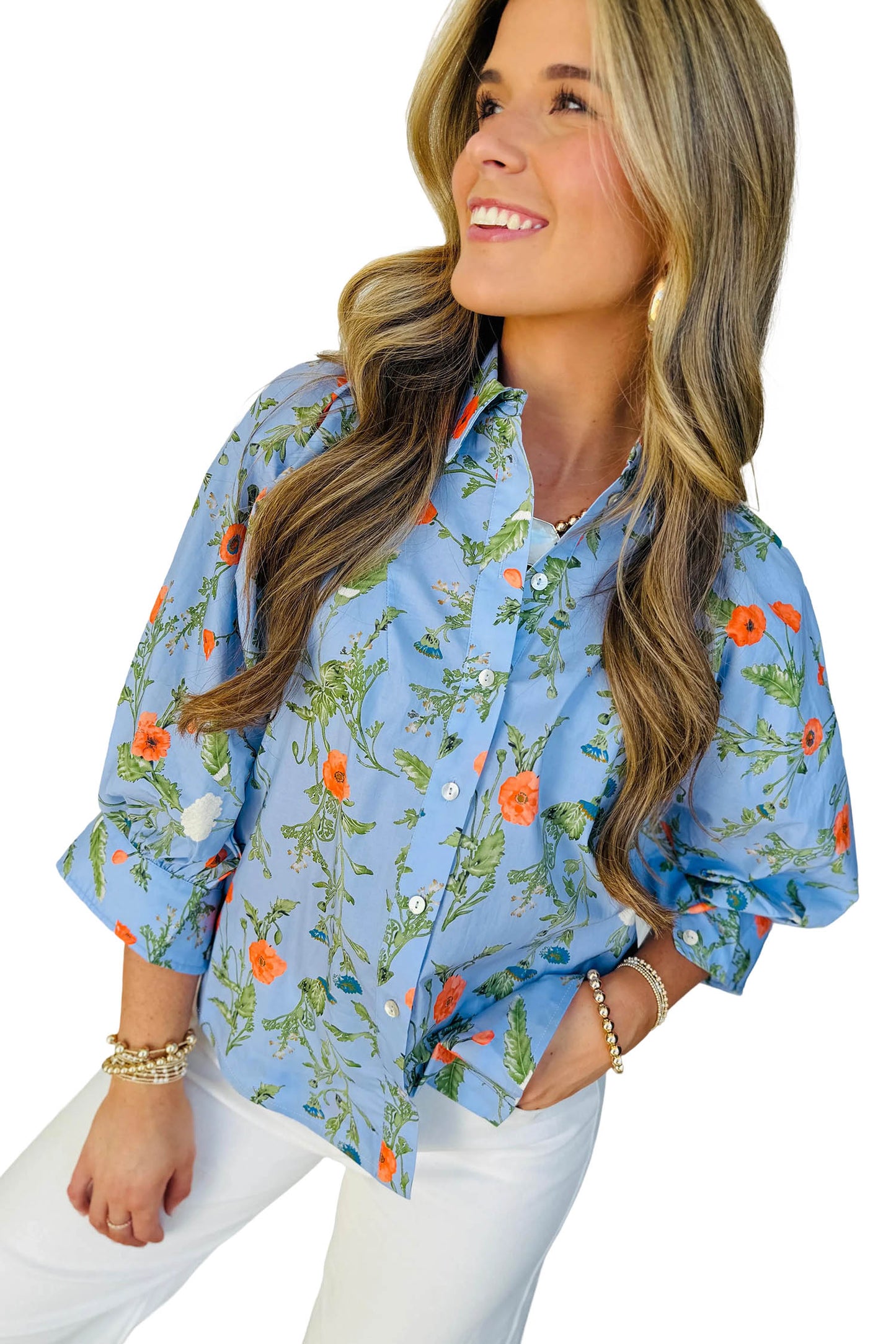 Floral 3/4 Sleeve Button Down Collared Blouse