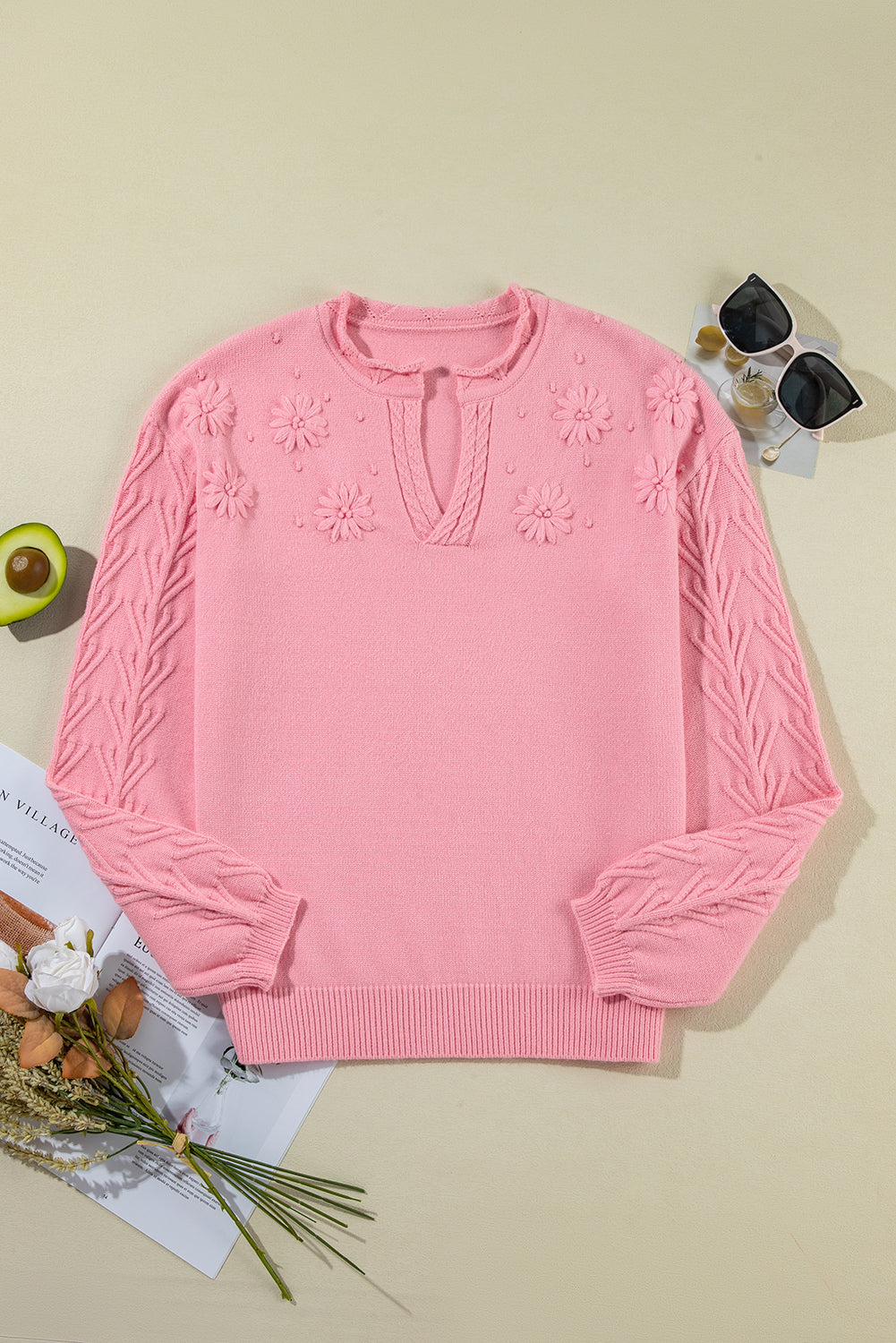 Floral Knit Notched Neck Sweater