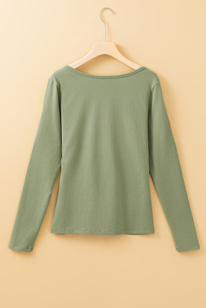 Buttoned V-Neck Long Sleeve Top