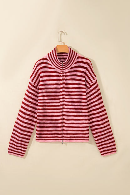 Stripe Mock Neck Drop Shoulder Zip-Up Cardigan