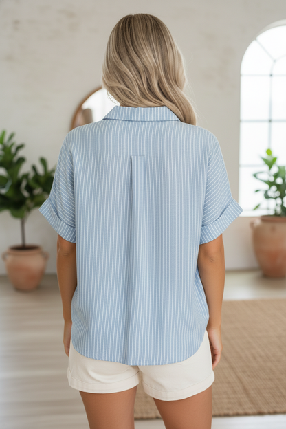 Stripe Cuffed Short Sleeve Button Up Shirt