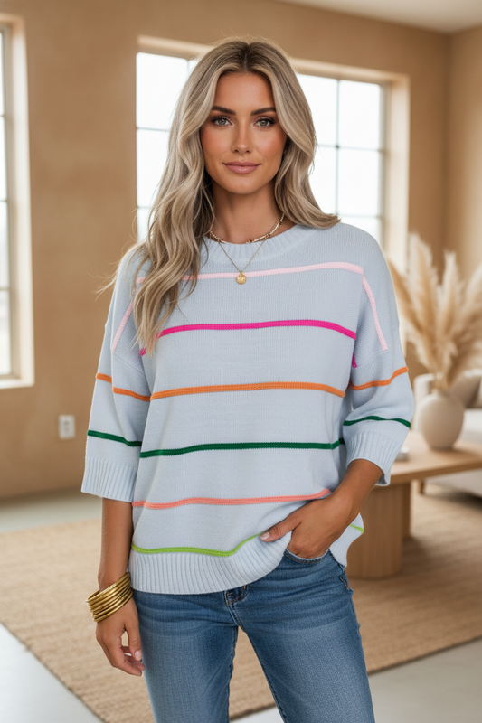 Colorblock Stripe 3/4 Sleeve Drop Shoulder Sweater