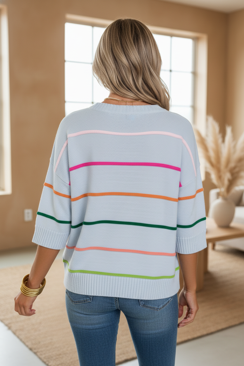 Colorblock Stripe 3/4 Sleeve Drop Shoulder Sweater