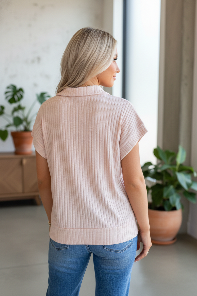 Solid Ribbed Knit Collared V-Neck Tee