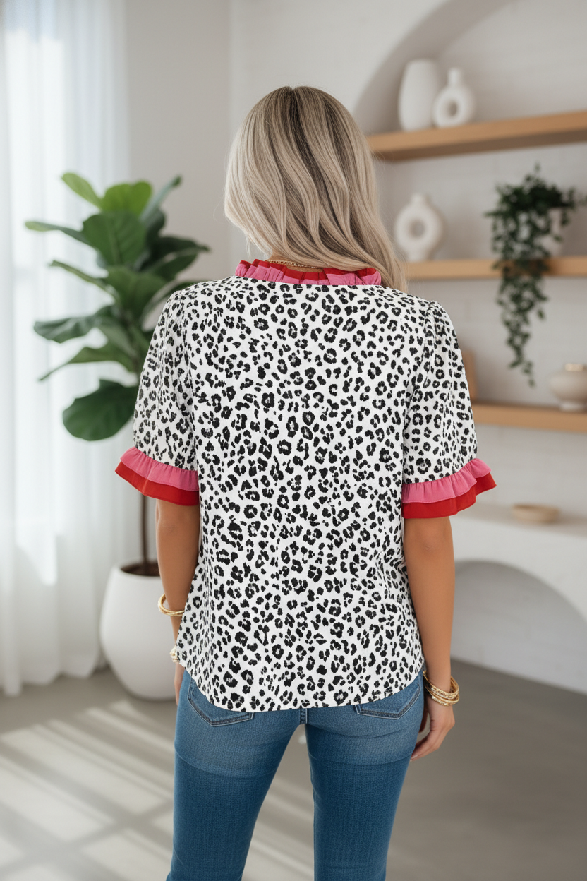 Leopard Ruffle Trim V-Neck Short Sleeve Blouse