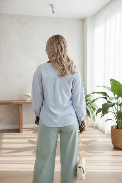 Stripe Patchwork Leopard Ruffle Long Sleeve Shirt