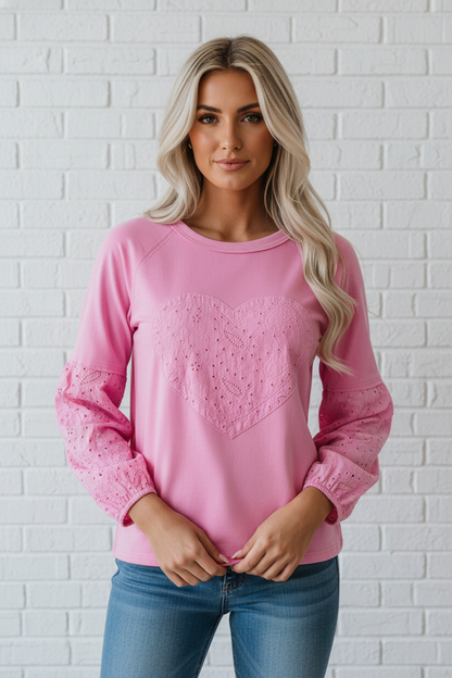 Heart Embroidered Eyelet Patchwork Long Sleeve Top