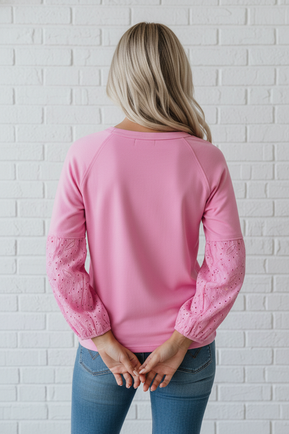 Heart Embroidered Eyelet Patchwork Long Sleeve Top