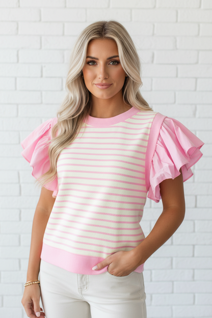 Stripe Patchwork Ruffle Short Sleeve Blouse