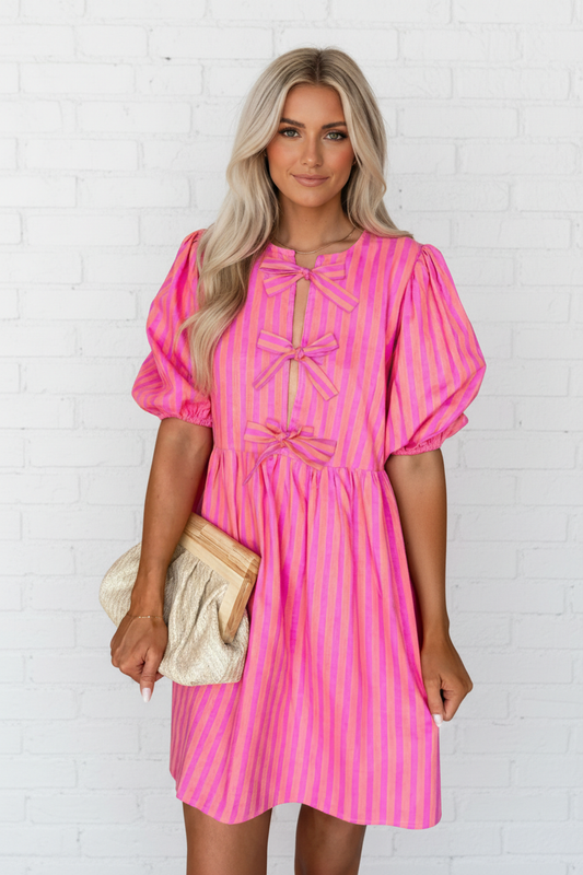 Stripe Bow Tie Front Short Puff Sleeve Dress