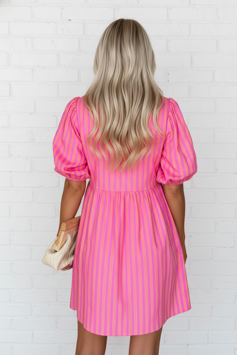 Stripe Bow Tie Front Short Puff Sleeve Dress