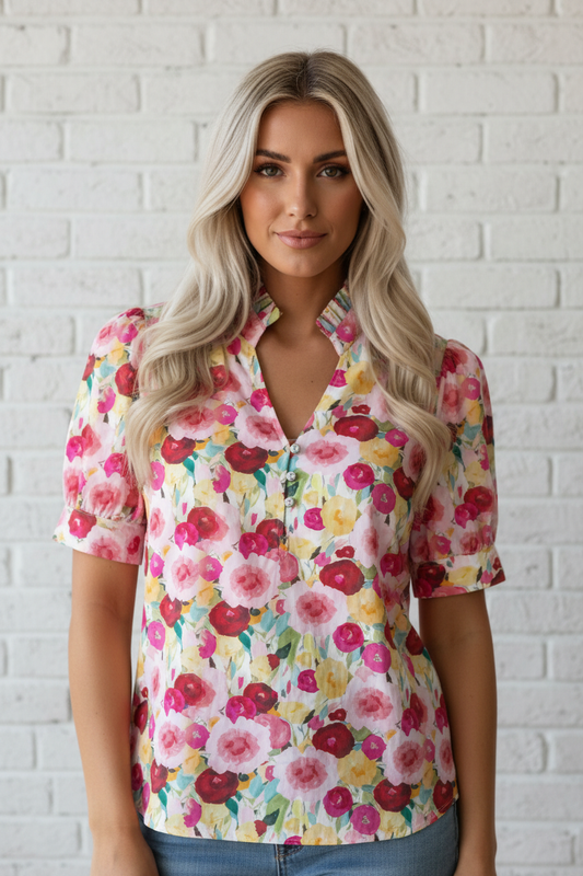 Floral Frilled V-Neck Short Puff Sleeve Blouse