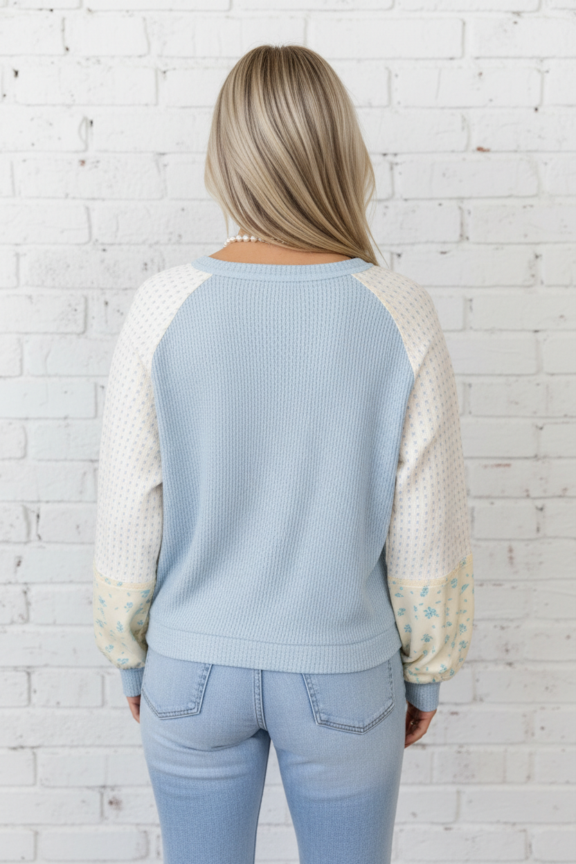 Floral Patchwork Textured Knit Long Sleeve Top