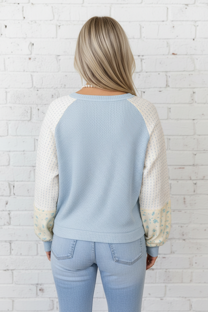 Floral Patchwork Textured Knit Long Sleeve Top