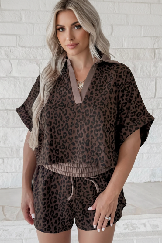 Leopard Collared V-Neck Top & Shorts Set
