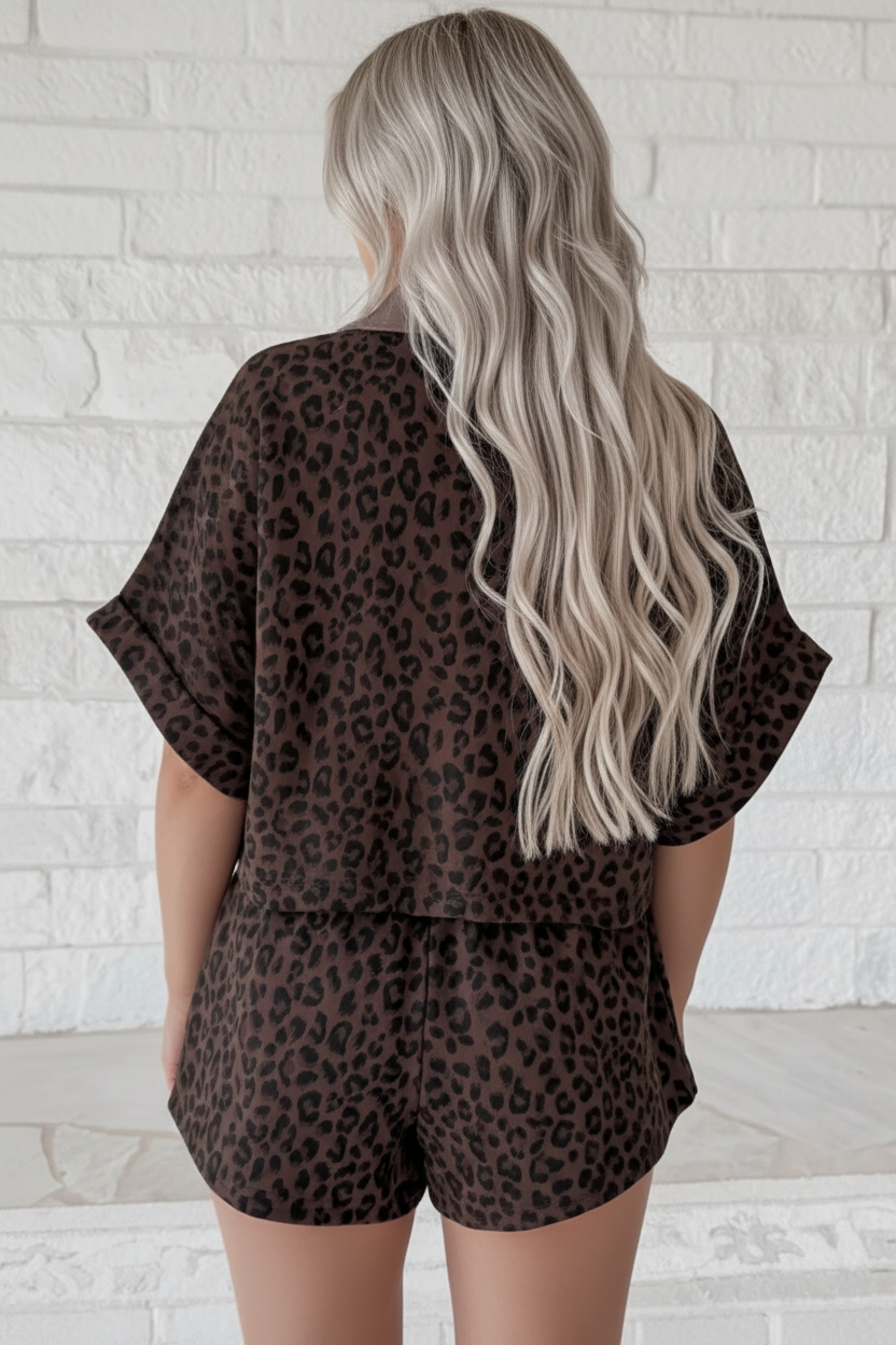 Leopard Collared V-Neck Top & Shorts Set
