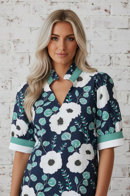 Floral Stripe Patchwork V-Neck Short Sleeve Blouse