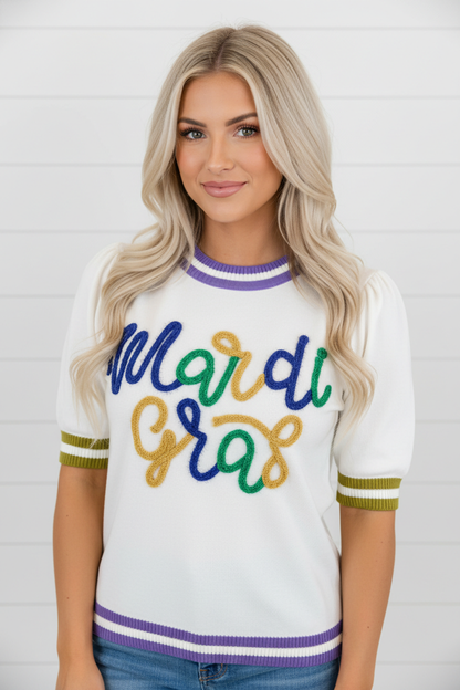 Mardi Gras Tinsel Lettering Short Sleeve Sweater