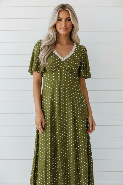 Polka Dot Lace V-Neck Smocked Maxi Dress