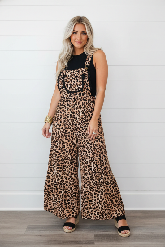 Cheetah Contrast Lace Ruffle Wide Leg Jumpsuit