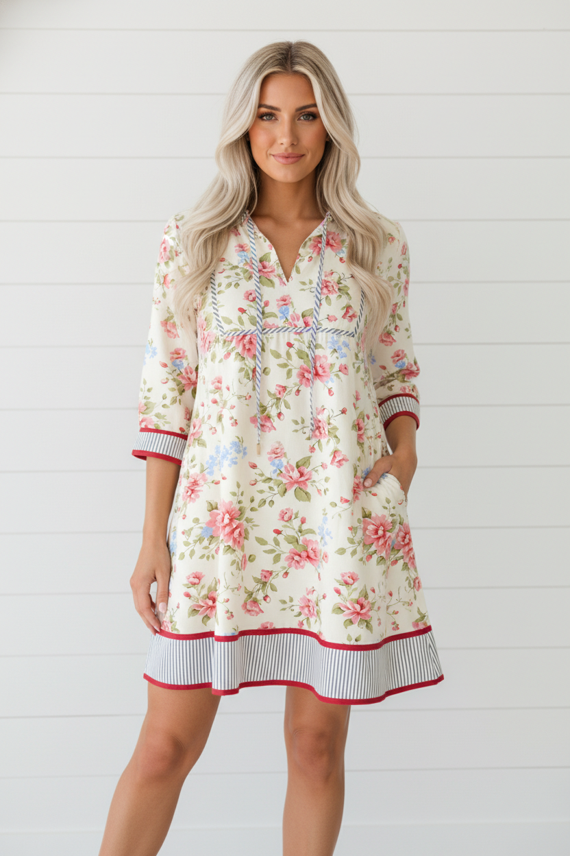 Floral Stripe Trim 3/4 Puff Sleeve Dress