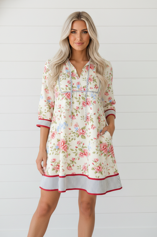 Floral Stripe Trim 3/4 Puff Sleeve Dress
