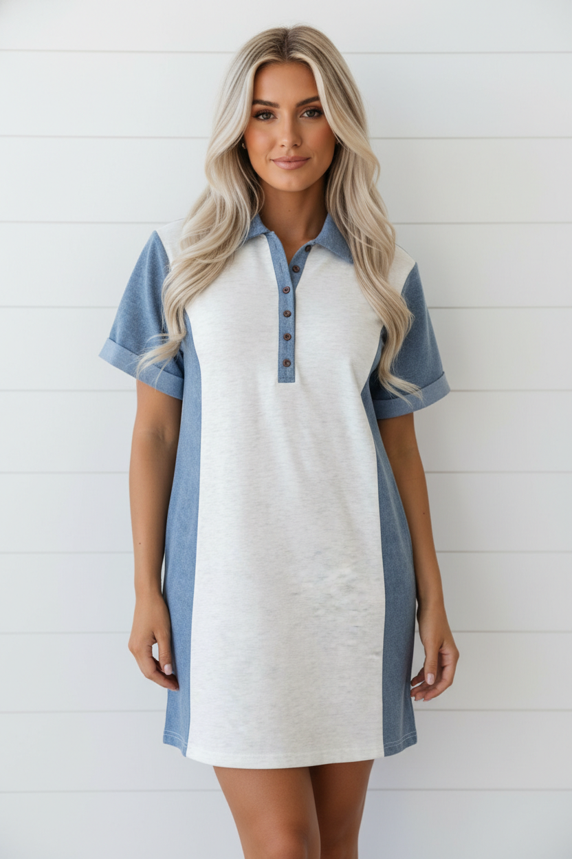 Colorblock Denim Patchwork Polo Collar Tunic Dress