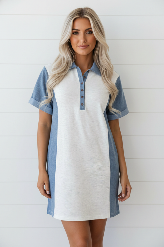 Colorblock Denim Patchwork Polo Collar Tunic Dress