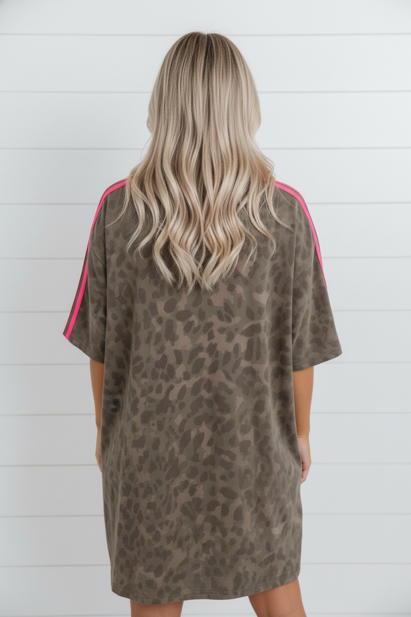 Leopard Contrast Stripe Mini T-Shirt Dress w/ Pockets