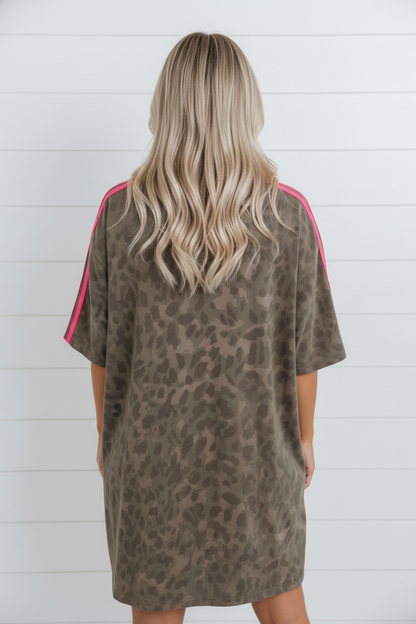 Leopard Contrast Stripe Mini T-Shirt Dress w/ Pockets