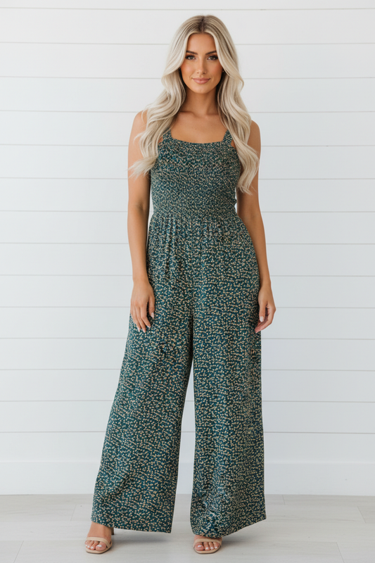 Floral Smocked High Waist Square Neck Jumpsuit