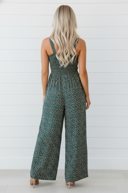 Floral Smocked High Waist Square Neck Jumpsuit