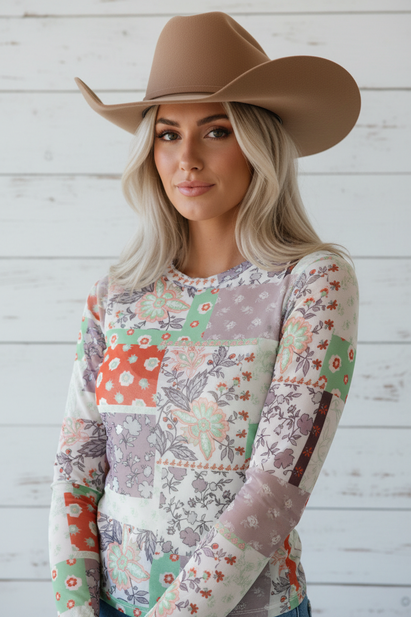 Floral Patchwork Mesh Mock Neck Long Sleeve Top