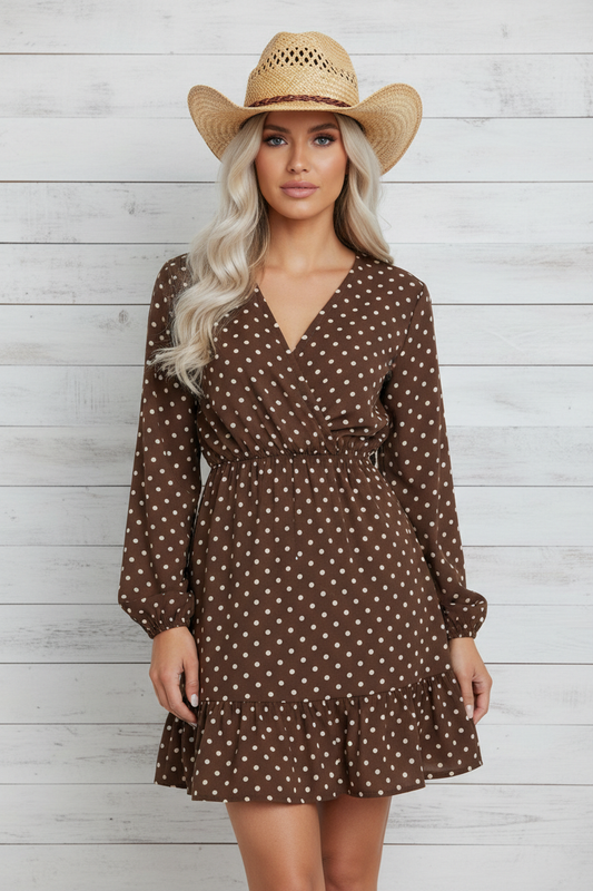 Polka Dot Wrap V-Neck Ruffle Mini Dress