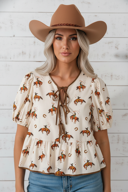 Western Cowboy Bow Tie Puff Sleeve Peplum Blouse