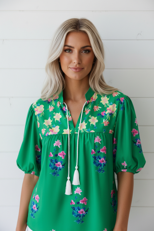 Floral Tassel Tie Split Neck Short Sleeve Blouse