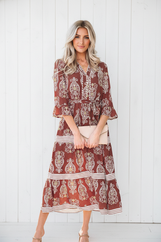 Floral Boho Belted Stripe Trim Tiered Maxi Dress
