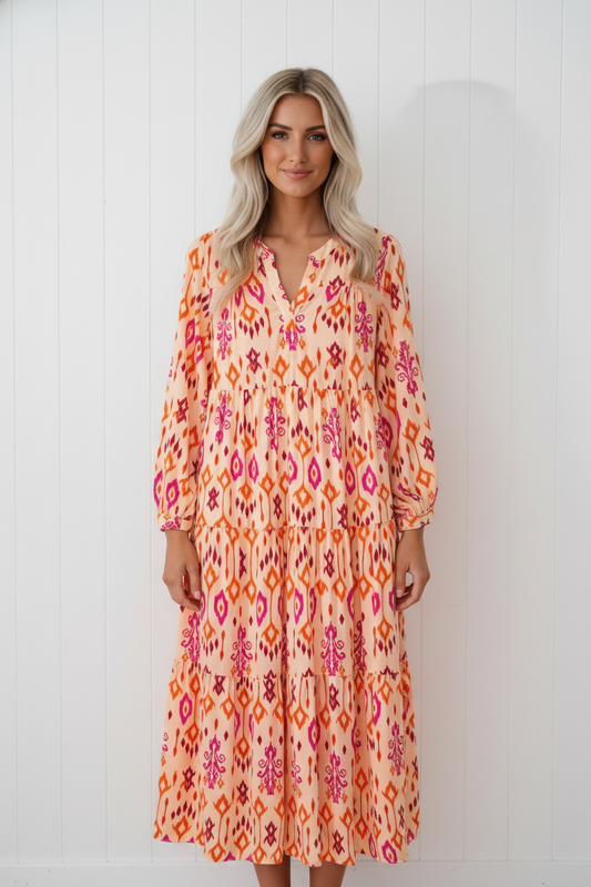 Western Abstract Geometric Long Sleeve Maxi Dress