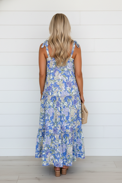 Floral Self-Tie Straps Ruffle Flowy Maxi Dress