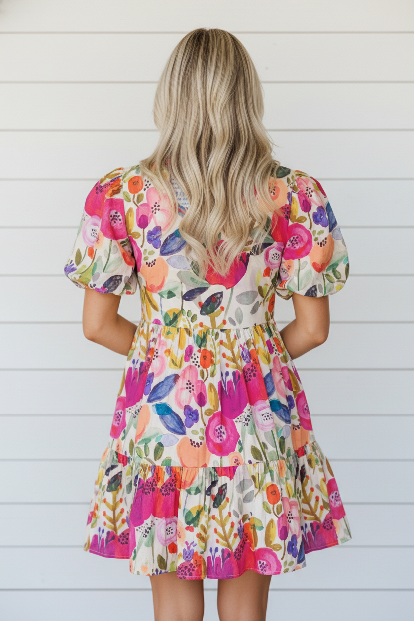 Floral Ricrac Trim Stripe Patchwork V-Neck Dress