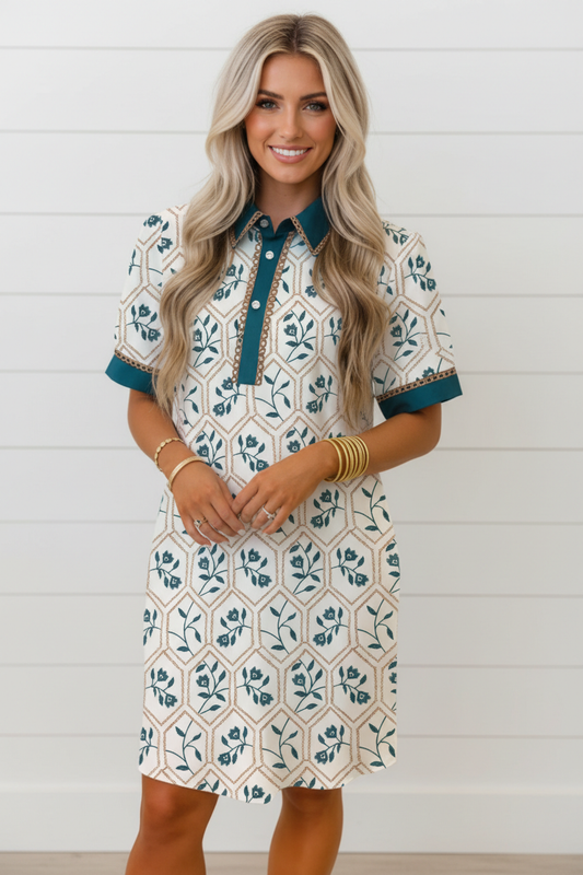 Floral Geometric Lace Trim Collared Mini Dress