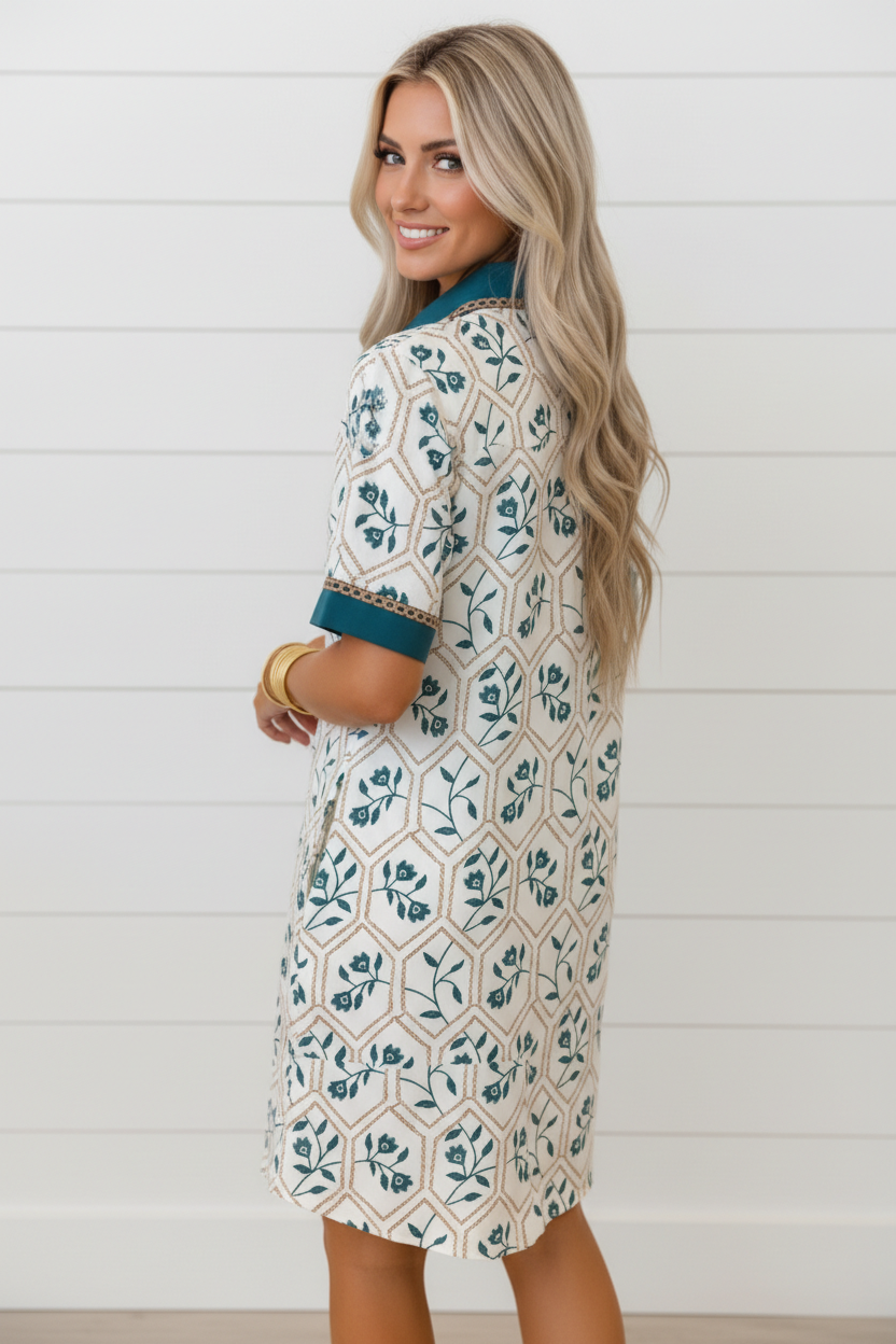 Floral Geometric Lace Trim Collared Mini Dress